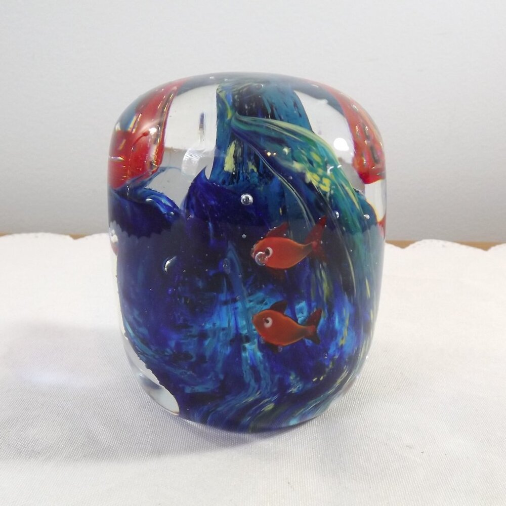 Vintage Aquarium Art Glass Paperweight, Fish and Bubbles, Ocean Intricate Design